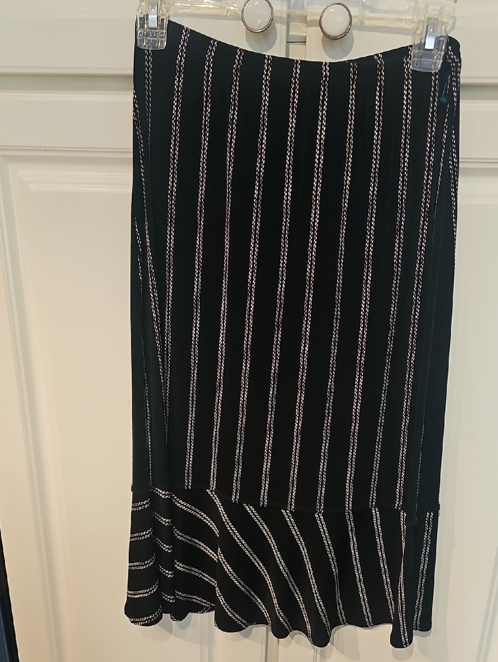 Black Vertical-Stripe Midi Skirt with Flounce